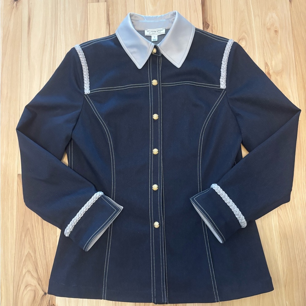 NWOT St John Blue Western Fitted Jacket Button Up Collar Trim Studs Sz Small